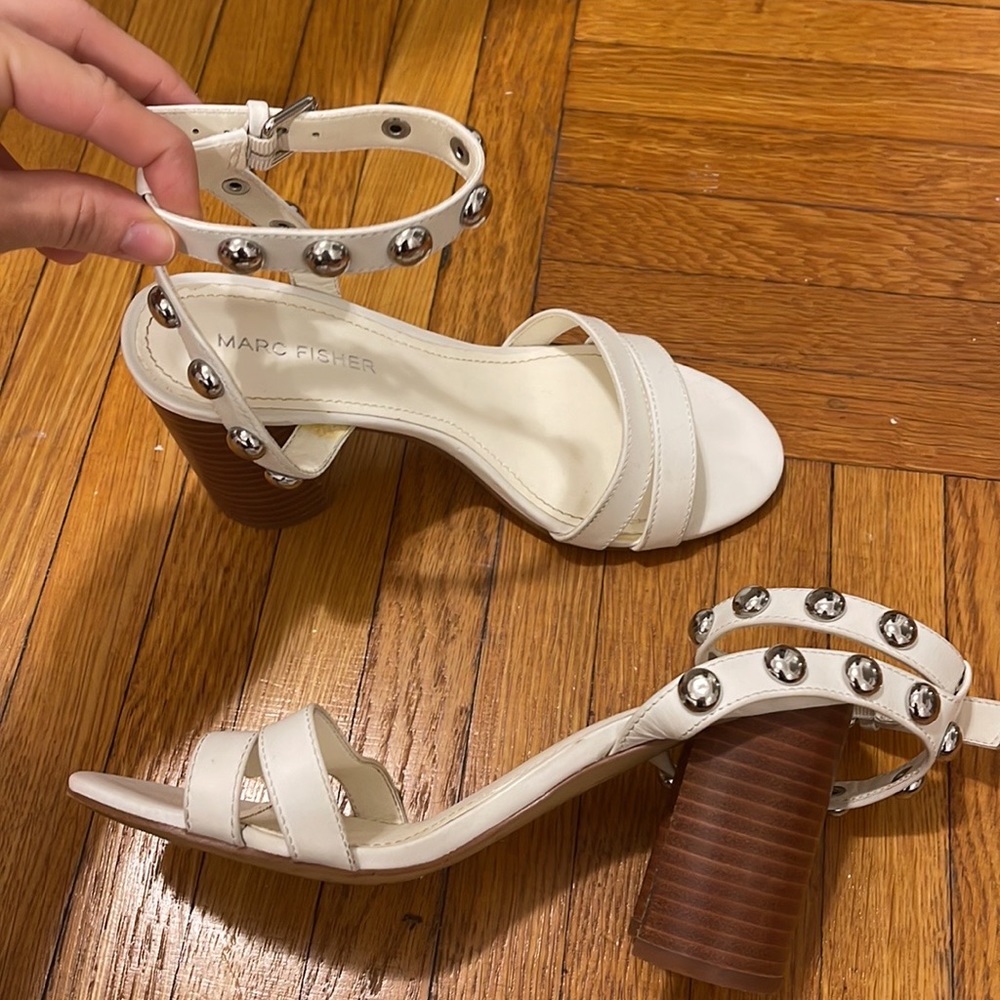 Marc Fisher heeled white strappy sandals with metal studs
